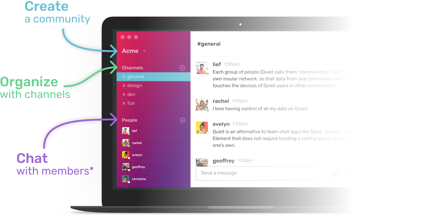 A mockup of Quiet desktop app pointing out community, channels and chat sections